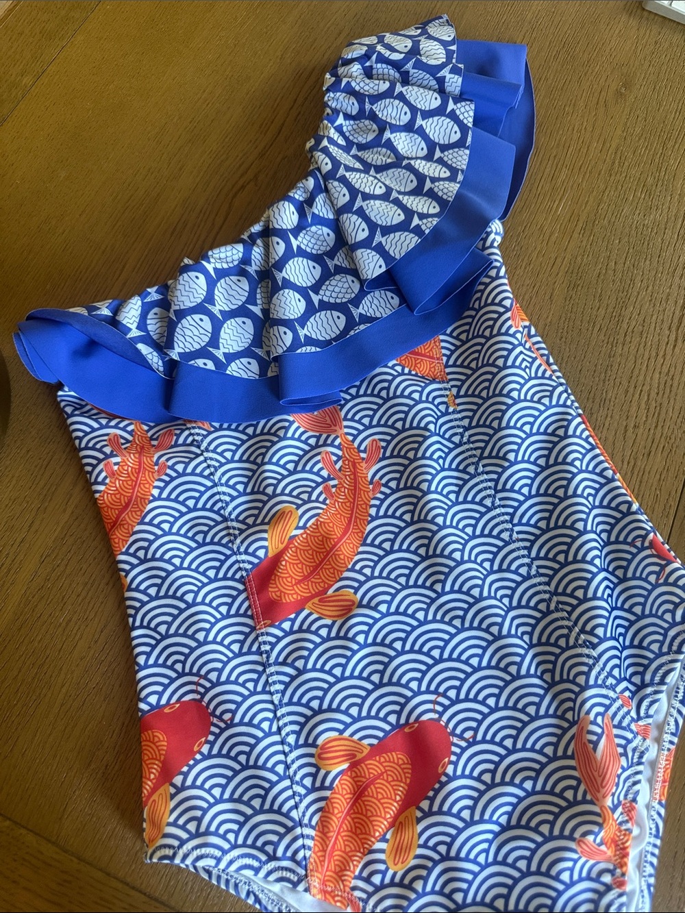 Ladies Small One-Shoulder Koi Print Swimsuit in Blue & Orange runs small